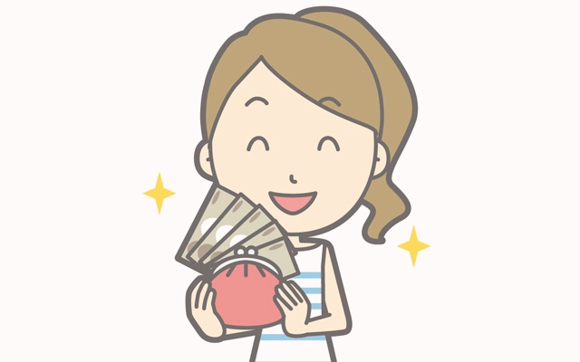 お金がたくさん入った財布を持つ女性のイラスト・金運アップのイメージ