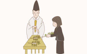 神社で玉串を捧げる様子のイラスト